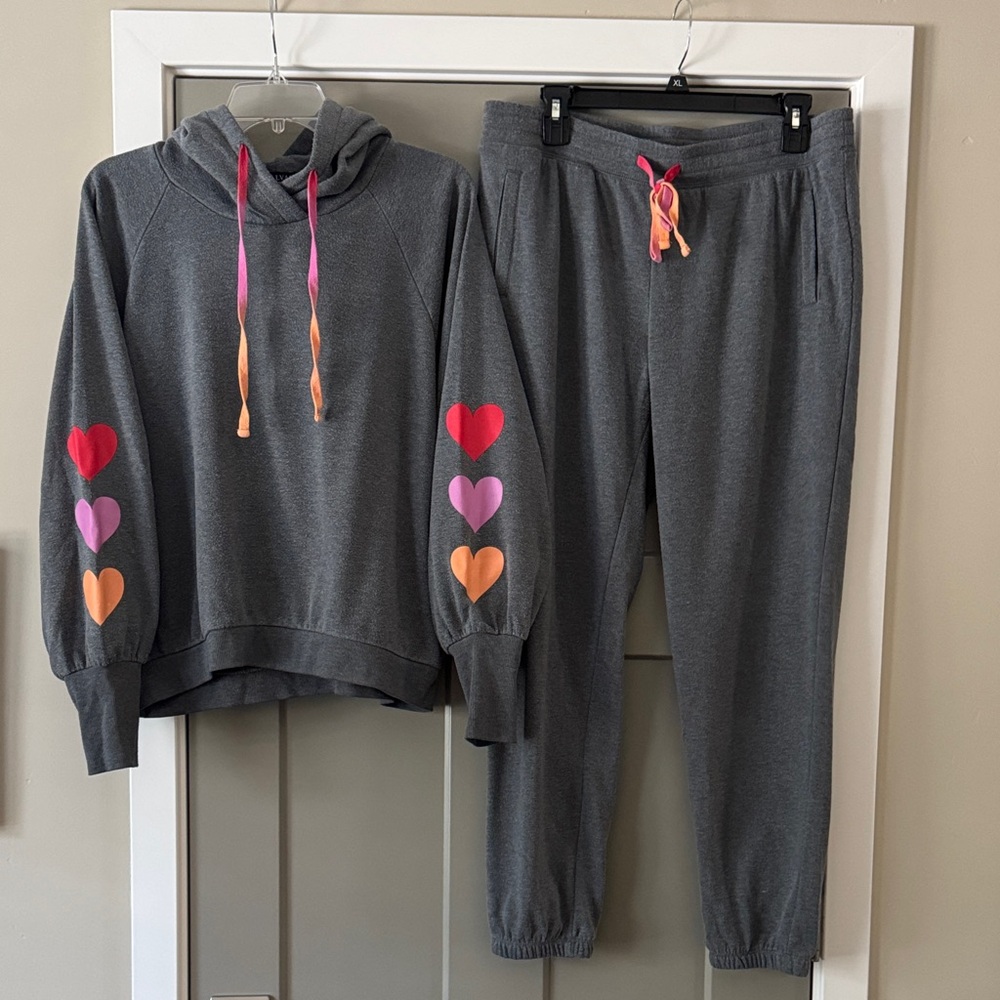 PJ Salvage Gray Hoodie with Colorful Heart Accents